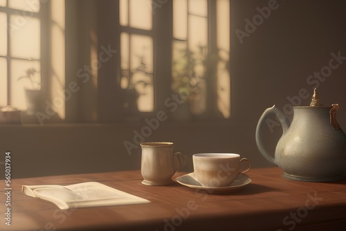 still life book and a cup of tea in the living room on a wooden table, the concept of coziness and interior - generative ai