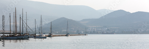 Panoramic shot of Sailing Boats in the harbour of Volos, at sunrise