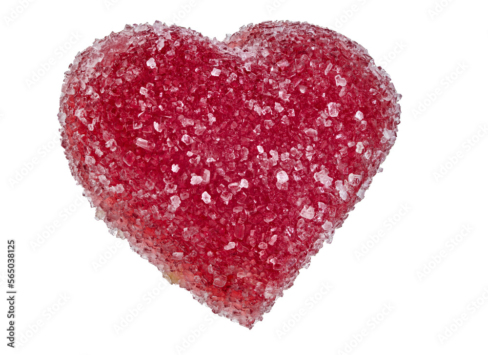 Sweet heart made of red strawberry jelly covered with sugar crystals, romantic symbol of devoted friendship, love, wedding or Valentine's Day