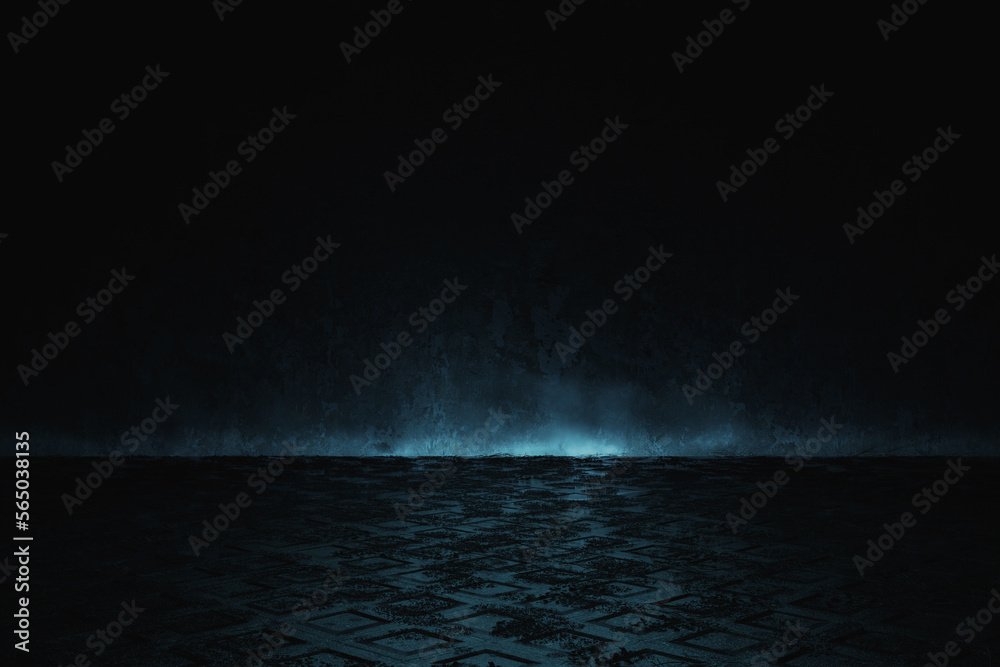 3D rendering of grunge background with light beam at the end