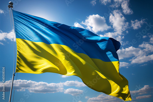 Ukrainian flag against the blue sky created with generative Ai technology photo