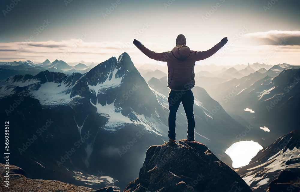 Young man stand on top of mountain top with hands raised in the air. Generative AI. Young man stand on top of mountain top with hands raised in the air. Generative AI.