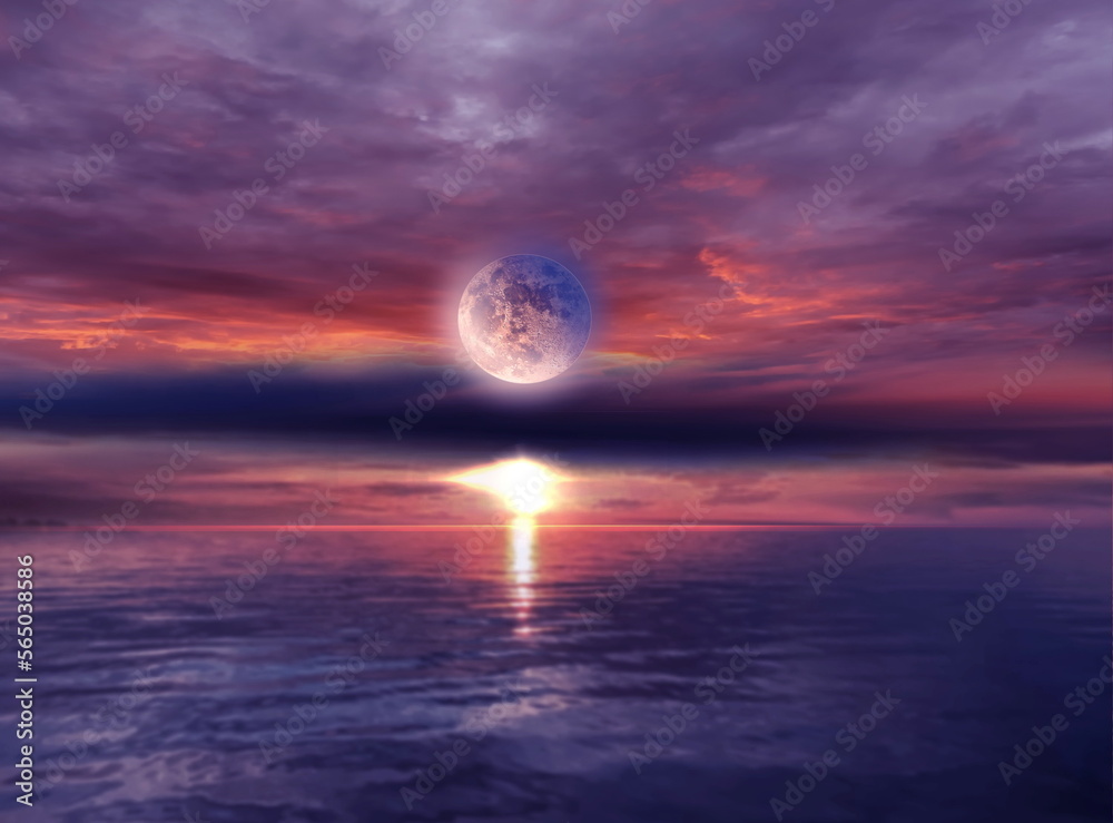 night sea at sunset cloudy  starry sky sun light and big moon reflection on water waves nature 
