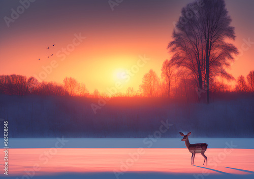 Lonely deer in the winter landscape at sunrise.  Generative Al Illustration