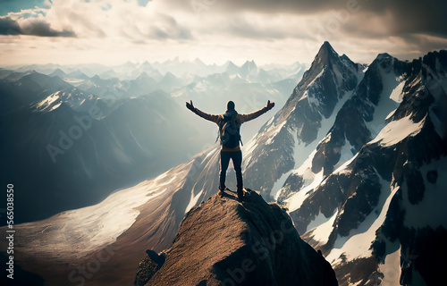 Young man stand on top of mountain top with hands raised in the air. Generative AI.