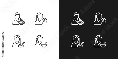 Healthcare services pixel perfect linear icons set for dark  light mode. Beauty clinic. Mental health. Cosmetologist. Thin line symbols for night  day theme. Isolated illustrations. Editable stroke