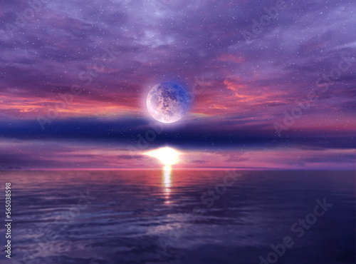 night sea at sunset cloudy starry sky sun light and big moon reflection on water waves nature 