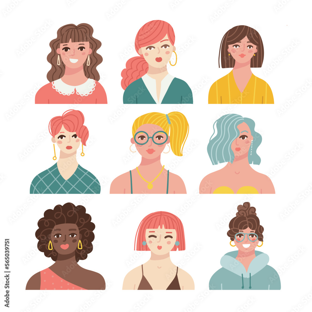 Weomen head portraits set. Diverse female faces of different age and race. Happy modern young and adult person avatars. Girls characters bundle. Flat vector illustrations isolated on white background Weomen head portraits set. Diverse female faces of different age and race. Happy modern young and adult person avatars. Girls characters bundle. Flat vector illustrations isolated on white background