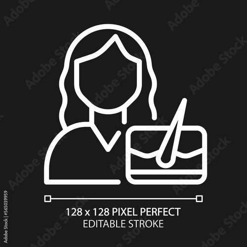 Dermatology pixel perfect white linear icon for dark theme. Skin and hair disorders treatment. Medical clinic. Health care. Thin line illustration. Isolated symbol for night mode. Editable stroke