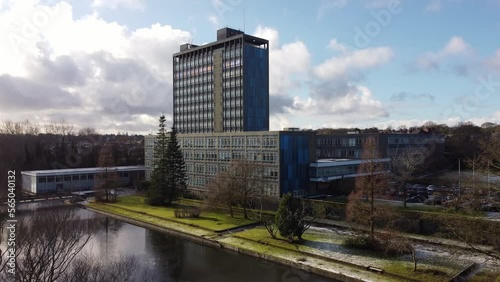 Aerial view Pilkington's glass head office, a modern blue skyscraper with shared office space photo