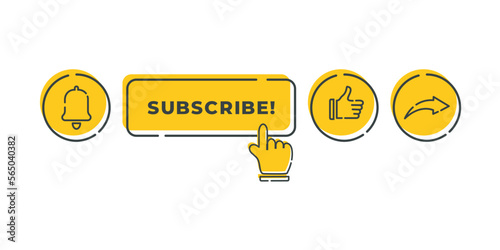 Vector graphic doodle art illustration of subscribe button, like, share, notification bell icon. Using the yellow color option, it is designed in a flat style. Perfect for digital communication, vlogs