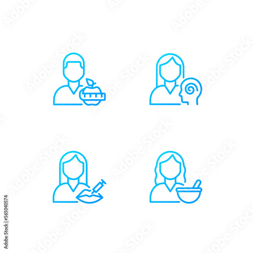 Healthcare services pixel perfect gradient linear vector icons set. Beauty clinic. Mental health. Cosmetologist. Thin line contour symbol designs bundle. Isolated outline illustrations collection