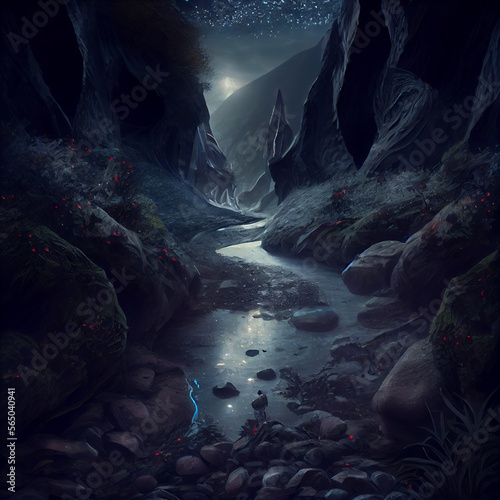 Generative AI - Dark River Landscape Illustration 