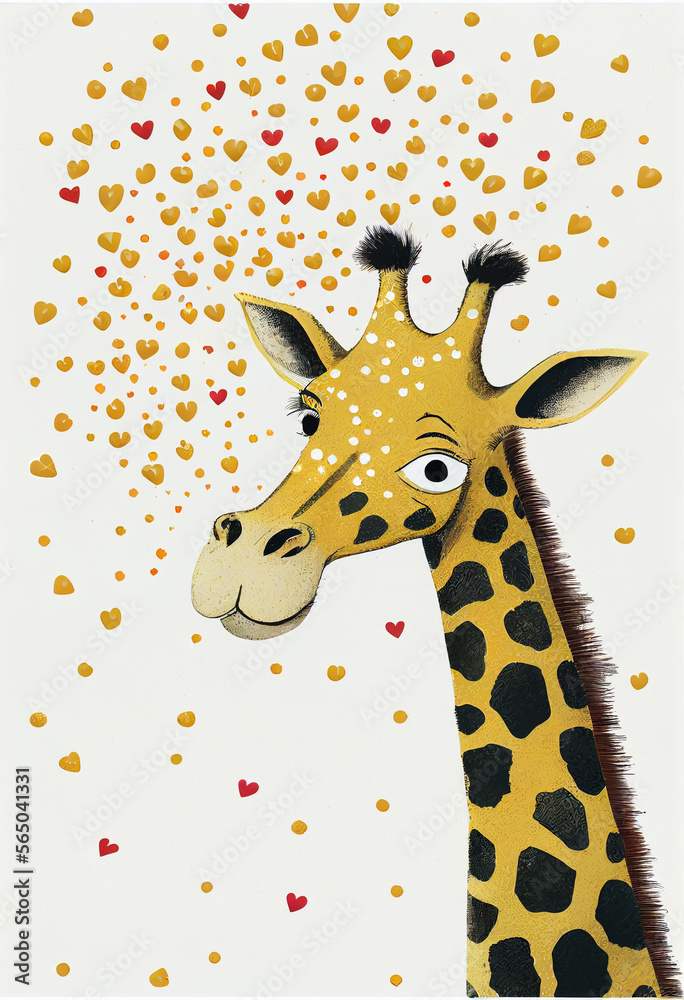 Fototapeta premium Happy giraffe in a firework of hearts. Valentine's Day. AI generated
