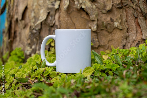 A blank white coffee mug standing out on the top of a grass with some green plants around it