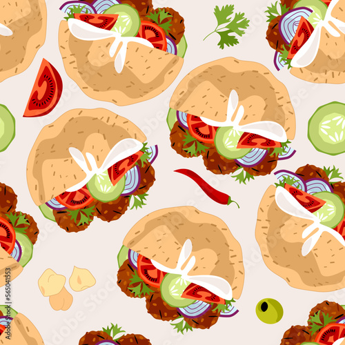 Falafel pita sandwich with various vegetables. Middle Eastern cuisine. Seamless background pattern