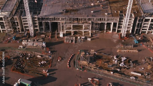 Slow pan up of construction work at new stadium for Everton Football Club photo