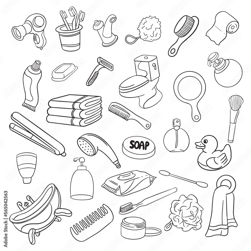Beauty objects in the bathroom. Doodle Icon. Hand made, Vector illustration. Beauty objects in the bathroom. Doodle Icon. Hand made, Vector illustration.