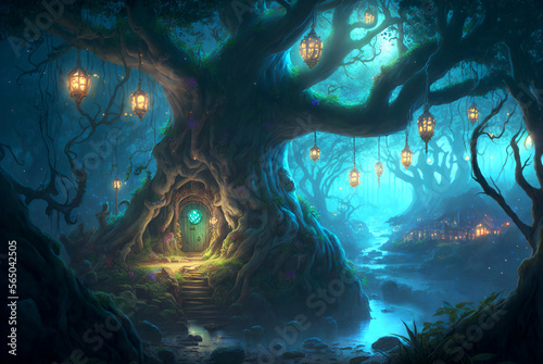 Fantasy forest tree house and lanterns scene AI Generative 