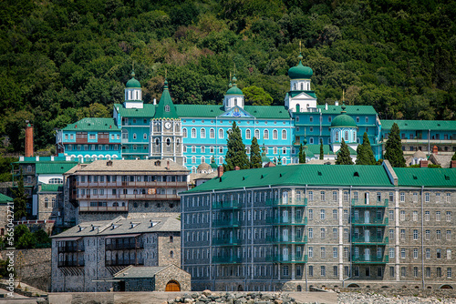 Saint Panteleimonos Monastery on the Akti Peninsular in Greece, shot from the sea photo