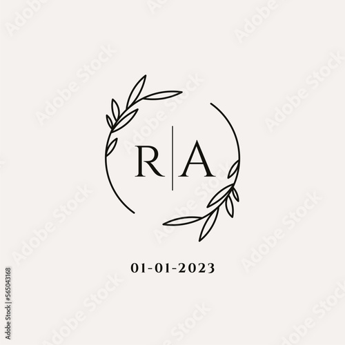 Letter RA wedding monogram logo design with simple natural circle leaf frame