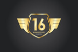 16 years anniversary logotype 3D golden stylized modern shape winged shield on black background