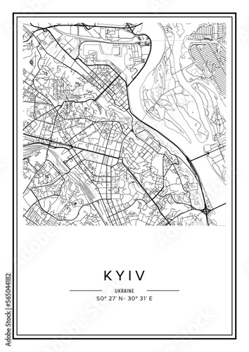 Black and white printable Kyiv city map, poster design, vector illistration. photo