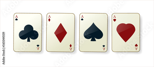 Collection of four aces playing cards suits. Winning poker game. Set of hearts, spades, clubs and diamonds ace. Template for casino, web design.