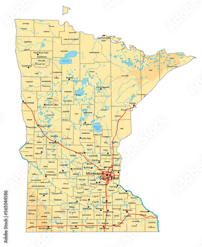 High detailed Minnesota physical map with labeling.