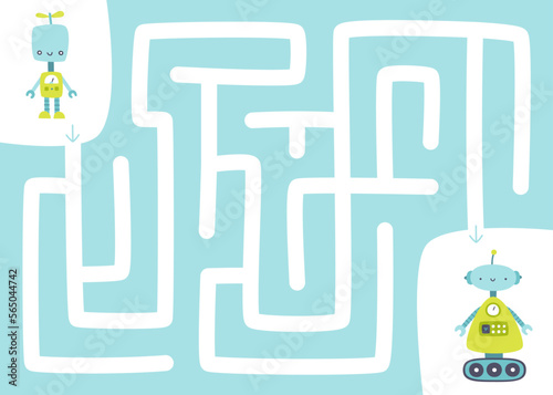 Mini labyrinth game with cute robot mother and her baby. Vector maze with cartoon friendly robots for kids.
