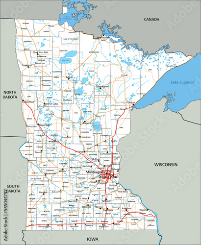 High detailed Minnesota road map with labeling.