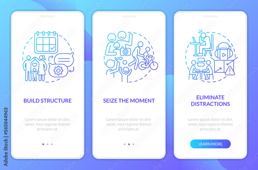 Opportunities for communication blue gradient onboarding mobile app screen. Walkthrough 3 steps graphic instructions with linear concepts. UI, UX, GUI template. Myriad Pro-Bold, Regular fonts used
