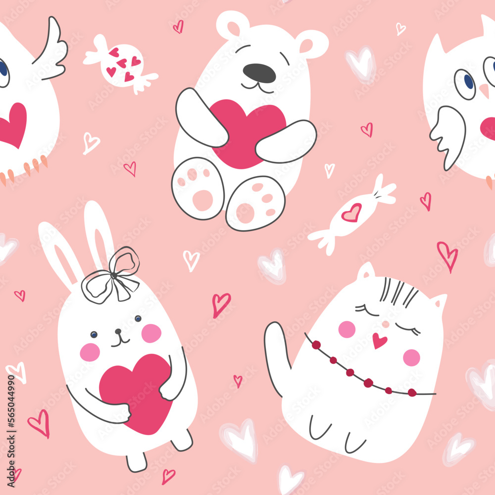Seamless pattern with hand drawn cute animals.Background for covers, cards, textiles, Valentine's Day greetings and more Seamless pattern with hand drawn cute animals.Background for covers, cards, textiles, Valentine's Day greetings and more