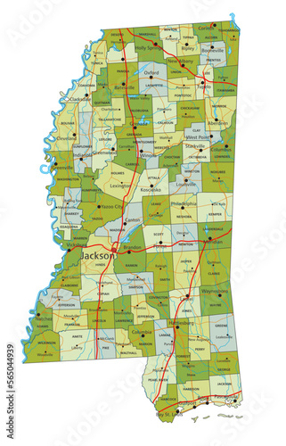 Highly detailed editable political map with separated layers. Mississippi.