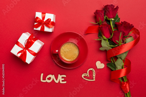Gifts and breakfast for valentines day on color background, top view