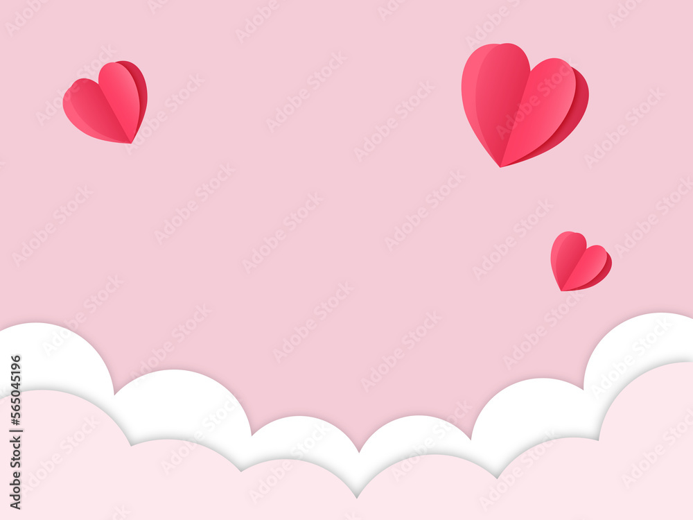 Pink Valentine’s day paper cut style background with hearts and clouds 