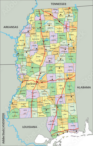 Mississippi - Highly detailed editable political map with labeling.