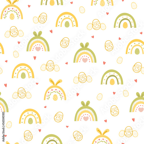 Seamless pattern with rainbows with bunny ears and easter eggs. Scandinavian kids texture for textile or wrapping, happy holidays