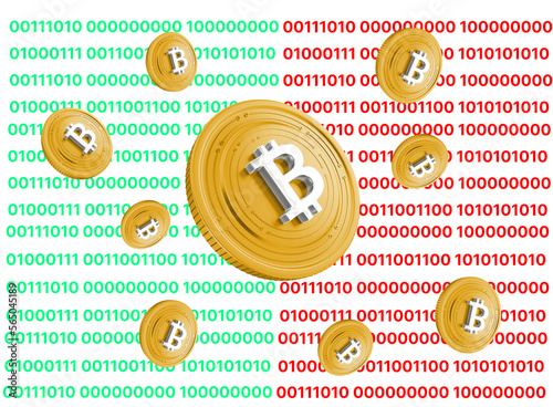 3D Bitcoin Golden cryptocurrency isolated on white background binary digit cyberspace with digital falling lines binary hanging chain  PNG