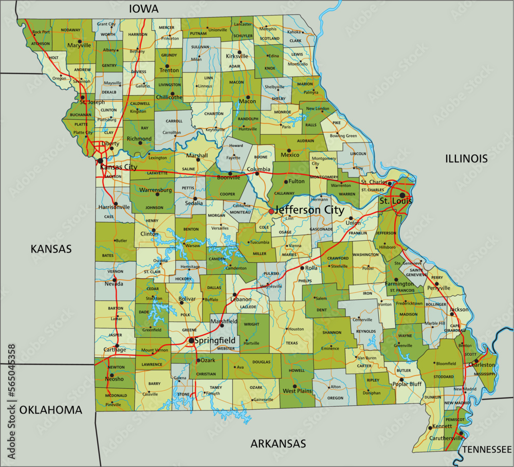 Highly detailed editable political map with separated layers. Missouri ...