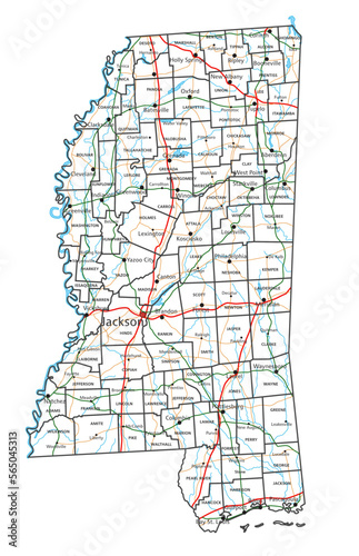 Mississippi road and highway map. Vector illustration.