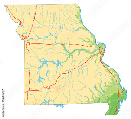 High detailed Missouri physical map.