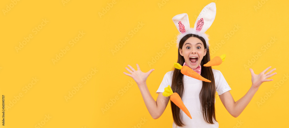 Look over there. happy teen girl wear bunny ears. Easter child horizontal poster. Web banner header of bunny kid, copy space.