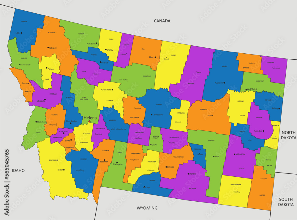 Colorful Montana political map with clearly labeled, separated layers