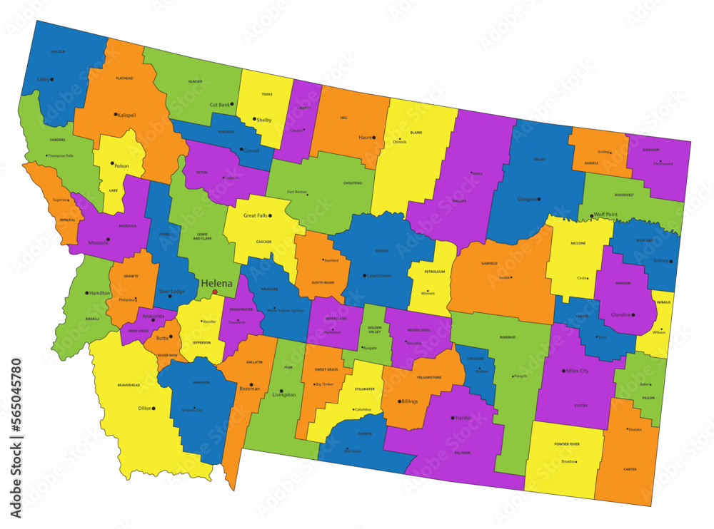 Colorful Montana political map with clearly labeled, separated layers