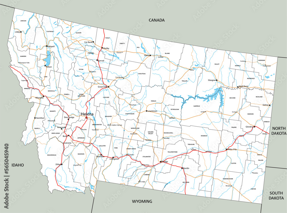 High detailed Montana road map with labeling.
