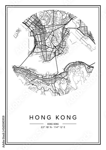 Black and white printable Hong Kong city map, poster design, vector illistration.
