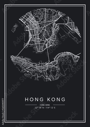 Black and white printable Hong Kong city map, poster design, vector illistration.