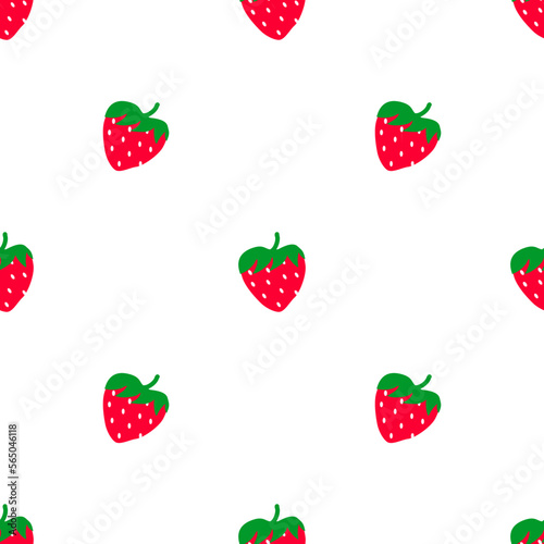 Strawberry fruit pattern, bright red, green leaves, on a white background. used to make a book cover handkerchief pattern, clothing, skirt, socks, wrapping paper, tablecloth, scarf, pattern on mug hat