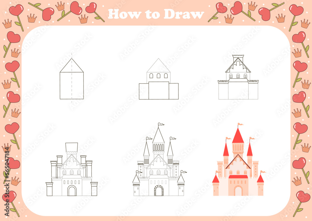 Cute how to draw game for kids with kingdom theamed element - princess castle. Printable worksheet for children, educational task